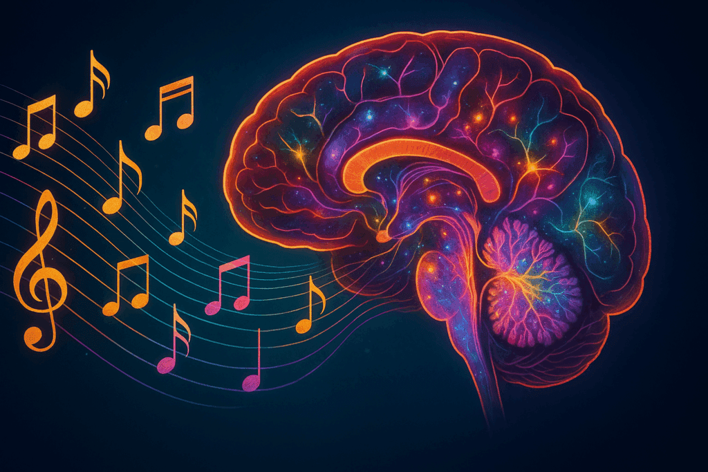 Colorful neural activity in a glowing brain cross-section as vibrant musical notes weave into the hippocampus and prefrontal cortex, symbolizing music for the brain.