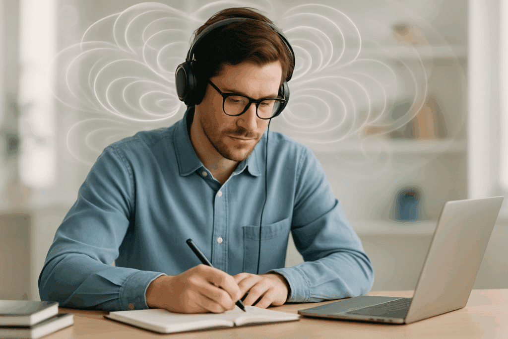 Focused young man wearing headphones at a bright desk, studying with soft swirling patterns symbolizing music for the brain enhancing concentration and memory.