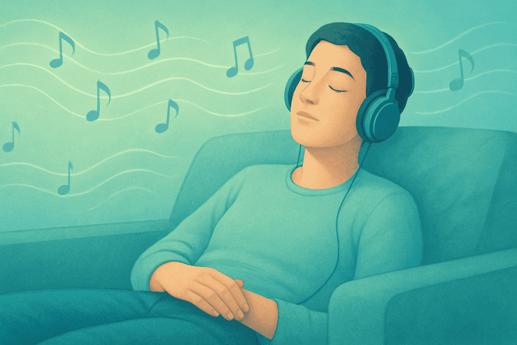 Relaxed young adult with closed eyes and headphones enjoying music for the brain, surrounded by soft blue and green hues and floating musical notes.