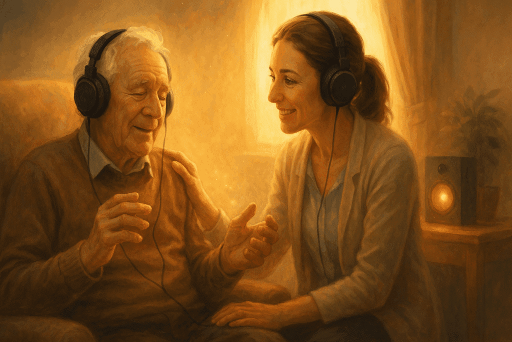 Therapist and elderly patient sharing a healing moment while listening to music for the brain in a warm, comforting therapy room.