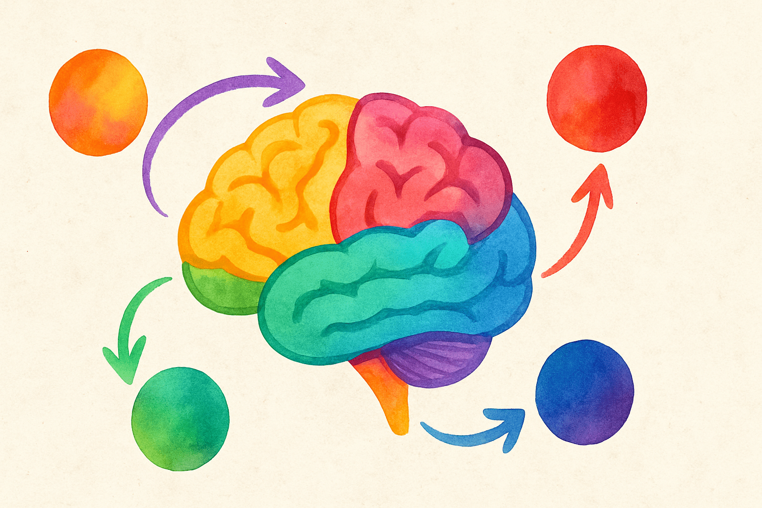 Abstract colorful brain diagram showing dynamic connections between different cognitive functions like memory, focus, emotional balance, and relaxation, illustrating the effects of music for the brain.