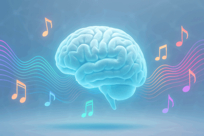 Glowing futuristic brain surrounded by colorful soundwaves and musical notes, symbolizing the power of music for the brain to enhance mental clarity.