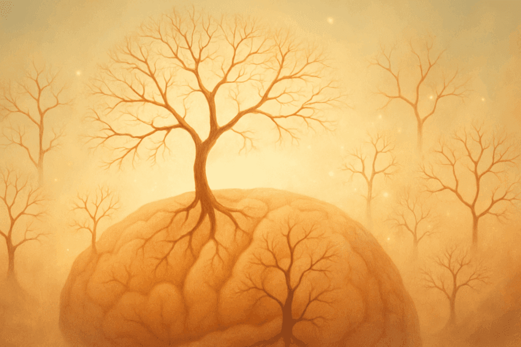 Conceptual illustration of how neurological activity shapes mental health, with tree-like neurons branching and connecting against a glowing background.