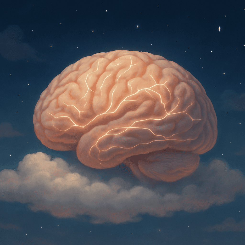 Peaceful illustration of a human brain resting on a cloud in a night sky with glowing neural pathways, symbolizing How Neurological Activity Shapes Mental Health during sleep.