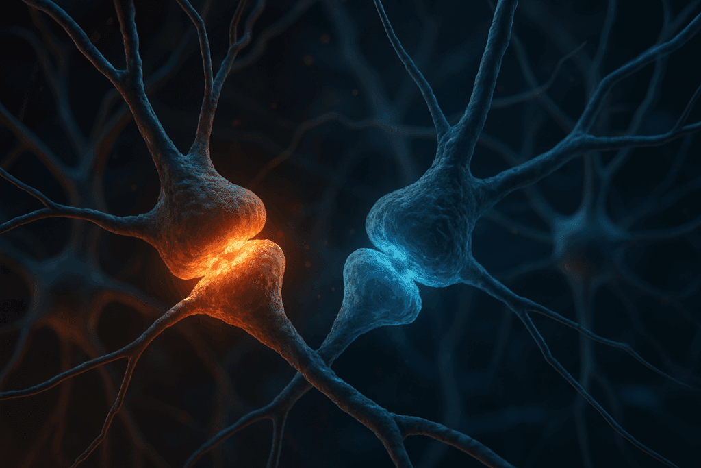 Close-up of brain neurons communicating through glowing synapses, illustrating How Neurological Activity Shapes Mental Health with a balance of warm and cool signals.