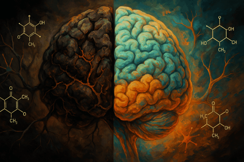 Split-brain digital painting illustrating how neurological activity shapes mental health, with one side inflamed by stress and the other vibrant and resilient.