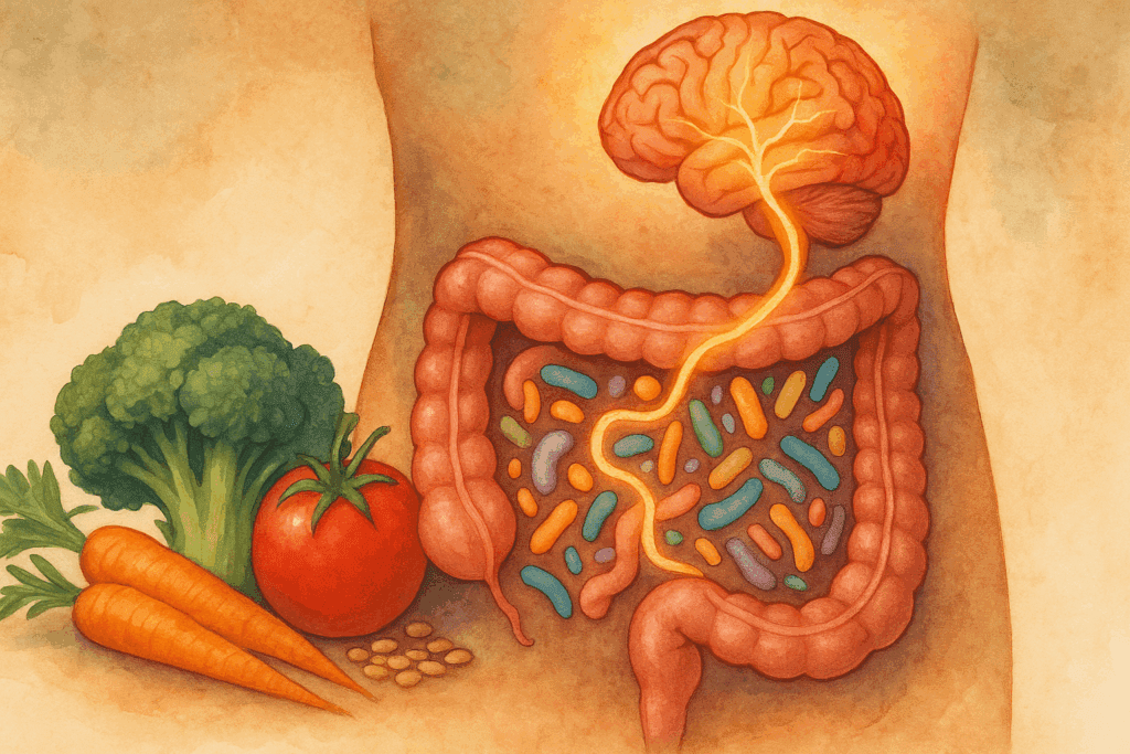 Artistic cross-section of a healthy gut with diverse microbiota connected to a glowing brain through neural pathways, illustrating how neurological activity shapes mental health.