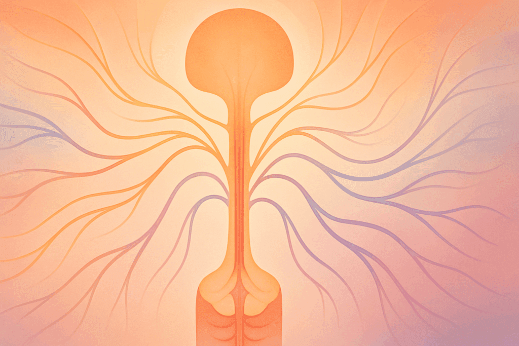 Conceptual illustration of neurological pathways in the brain and spine, with organic, flowing nerve tracts radiating from the spinal cord toward the brain and body.