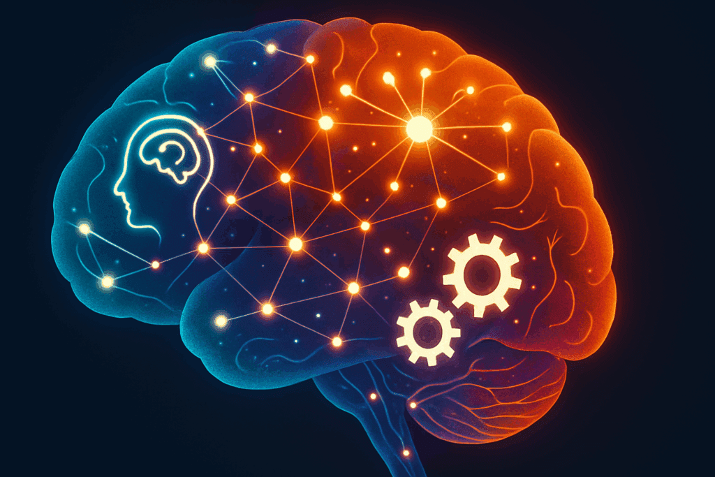 Colorful digital illustration showing neurological pathways in the brain and spine with glowing neural networks connecting the frontal, parietal, and occipital lobes.