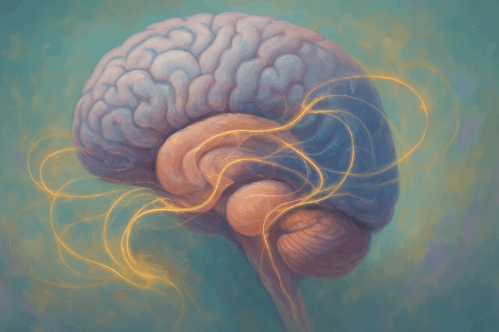 Artistic rendering of neurological pathways in the brain and spine showing the amygdala, hippocampus, and prefrontal cortex interconnected by glowing neural signals against a soft teal, lavender, and gold background.