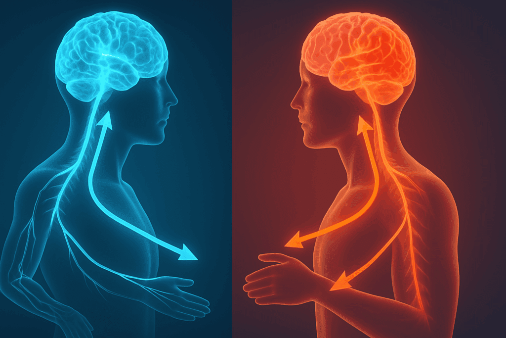 Conceptual illustration of neurological pathways in the brain and spine showing sensory signals ascending and motor signals descending through the spinal cord.