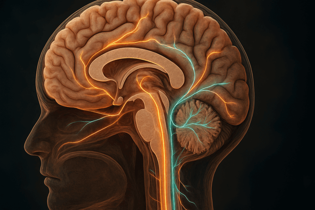 Detailed cross-section of neurological pathways in the brain and spine showing vibrant neural tracts and information flow.