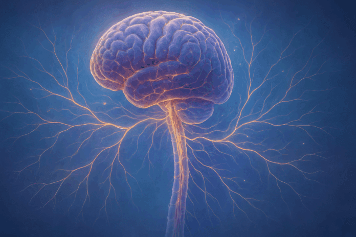 Illustration of glowing neurological pathways in the brain and spine connecting the human brain to the spinal cord with a soft blue and purple background.