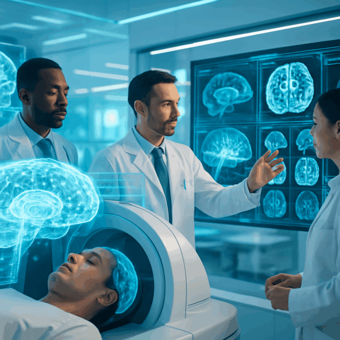 Doctors conducting neurological tests for brain damage using advanced holographic brain scans in a futuristic medical facility