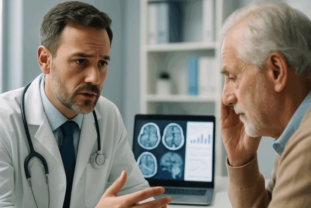 Doctor discussing neurological tests for brain damage with an elderly patient, brain scans and cognitive results visible on tablet.