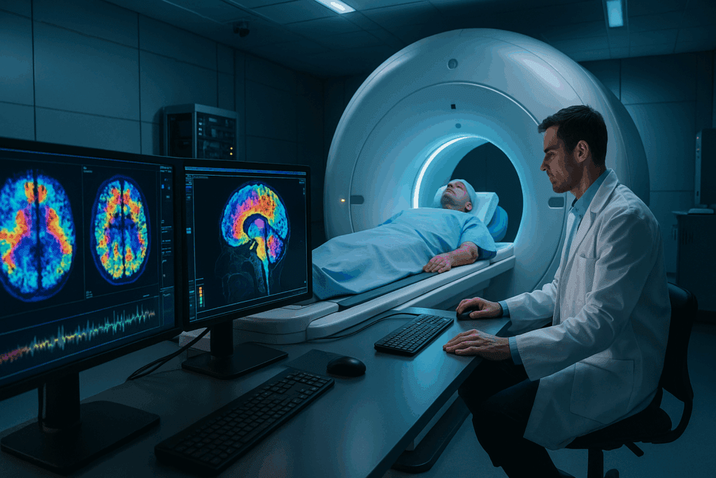 Medical technician analyzing glowing brain activity maps from neurological tests for brain damage in a futuristic MRI lab.