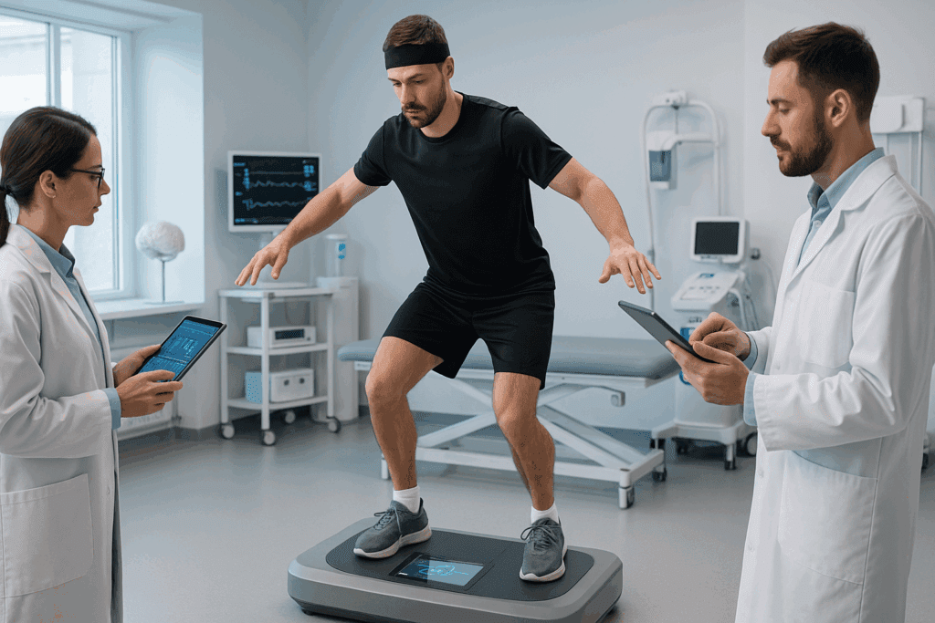 Athlete performing balance test on digital board as clinicians monitor neurological tests for brain damage on tablets in a modern rehab clinic