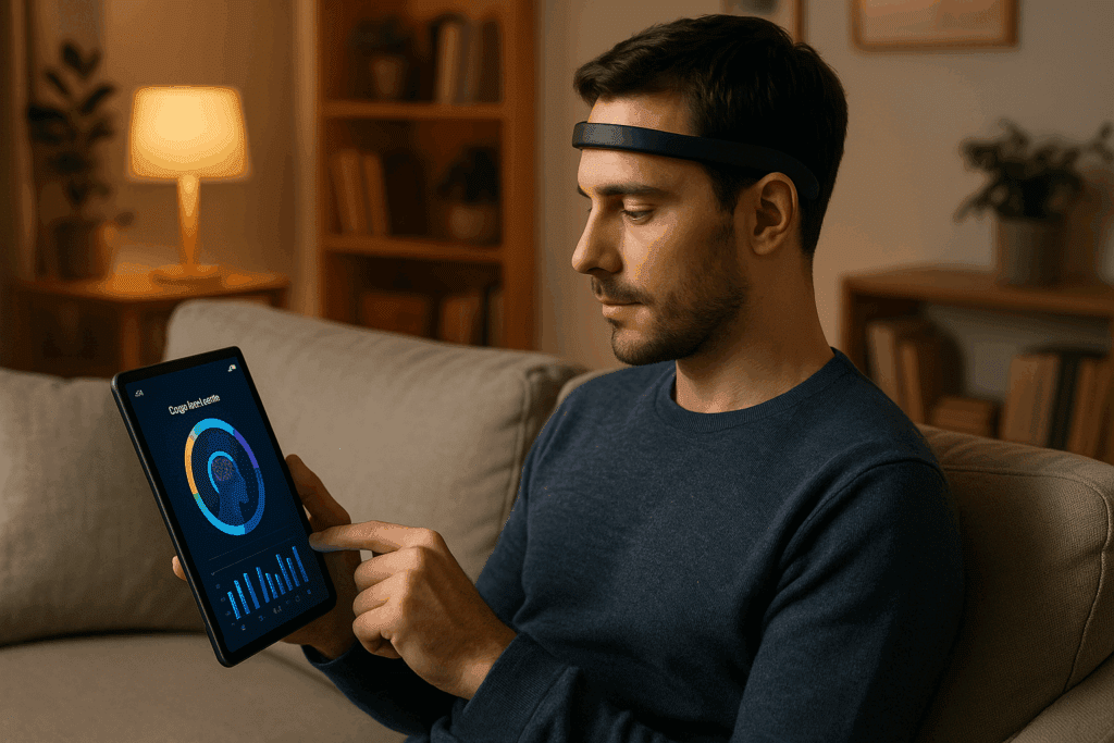 Man at home using a wearable headband and tablet app to monitor cognitive health data, illustrating neurological tests for brain damage.