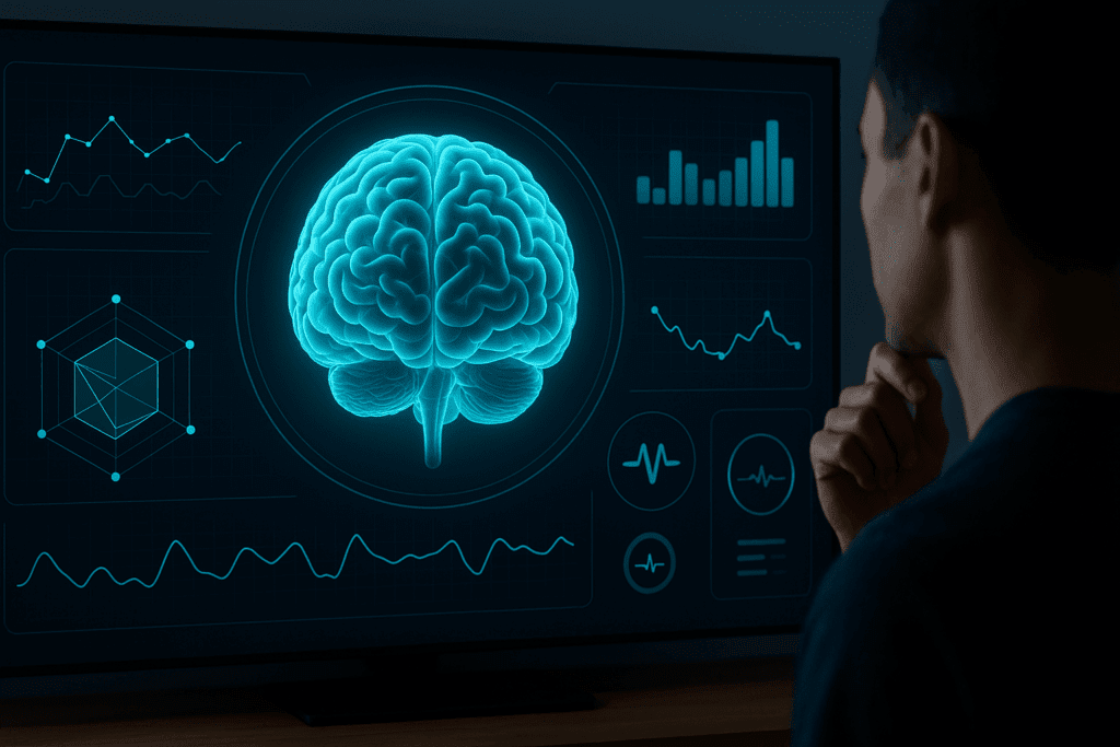 Futuristic dashboard showing neurological tests for brain damage with real-time brain scans and biometric data.