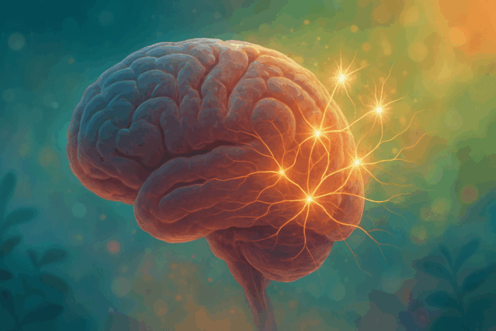 Conceptual illustration of glowing neural pathways forming new connections in a human brain, symbolizing the neuroplasticity of the brain.