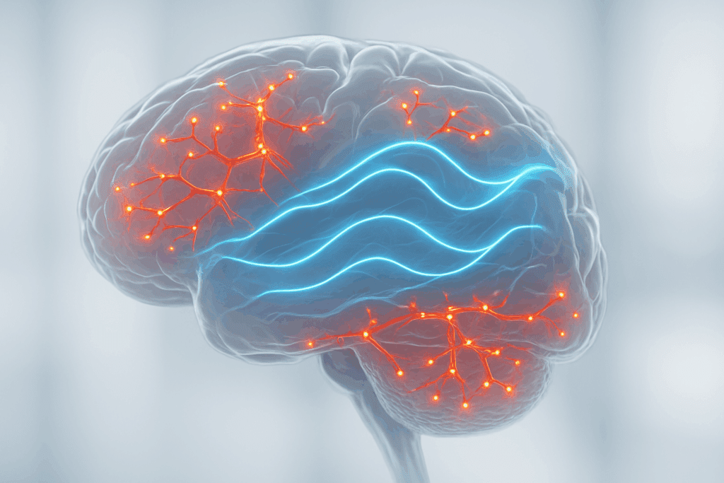 Transparent human brain with highlighted synapses and wave patterns showing neuroplasticity of the brain adapting to learning