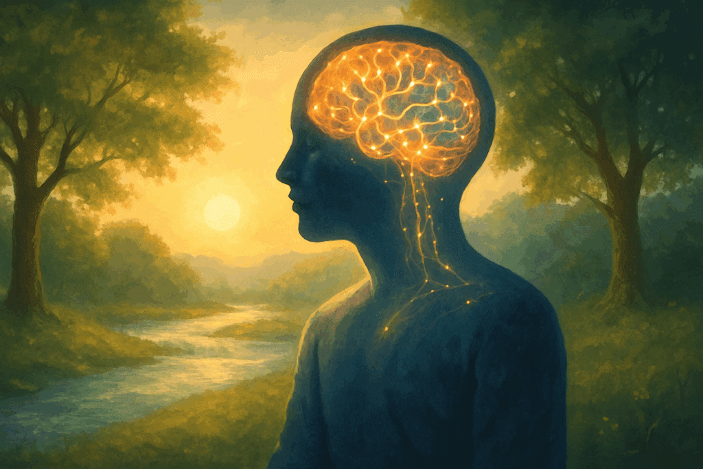Person meditating in nature with glowing neural pathways in the head, symbolizing emotional balance and the neuroplasticity of the brain.