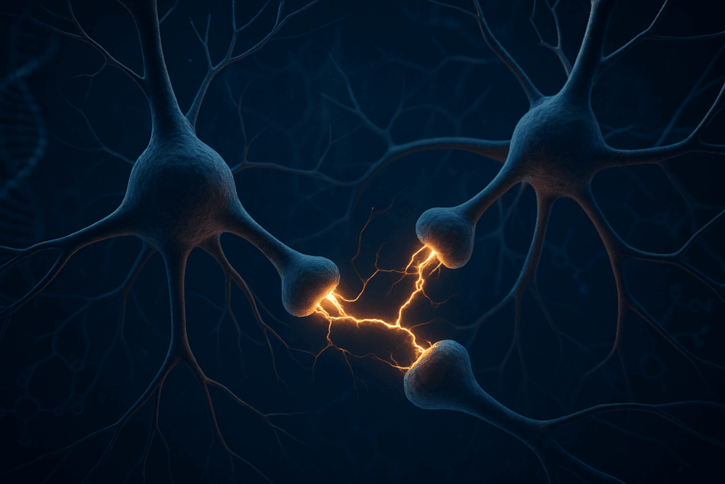 3D rendering of neurons forming new synapses with electric signals, illustrating neuroplasticity of the brain in a molecular blue environment