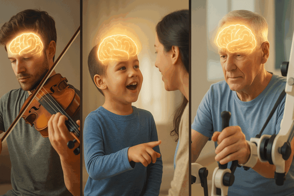 Triptych of a musician practicing violin, a bilingual child speaking, and a stroke patient in therapy—each illustrating real-life neuroplasticity of the brain