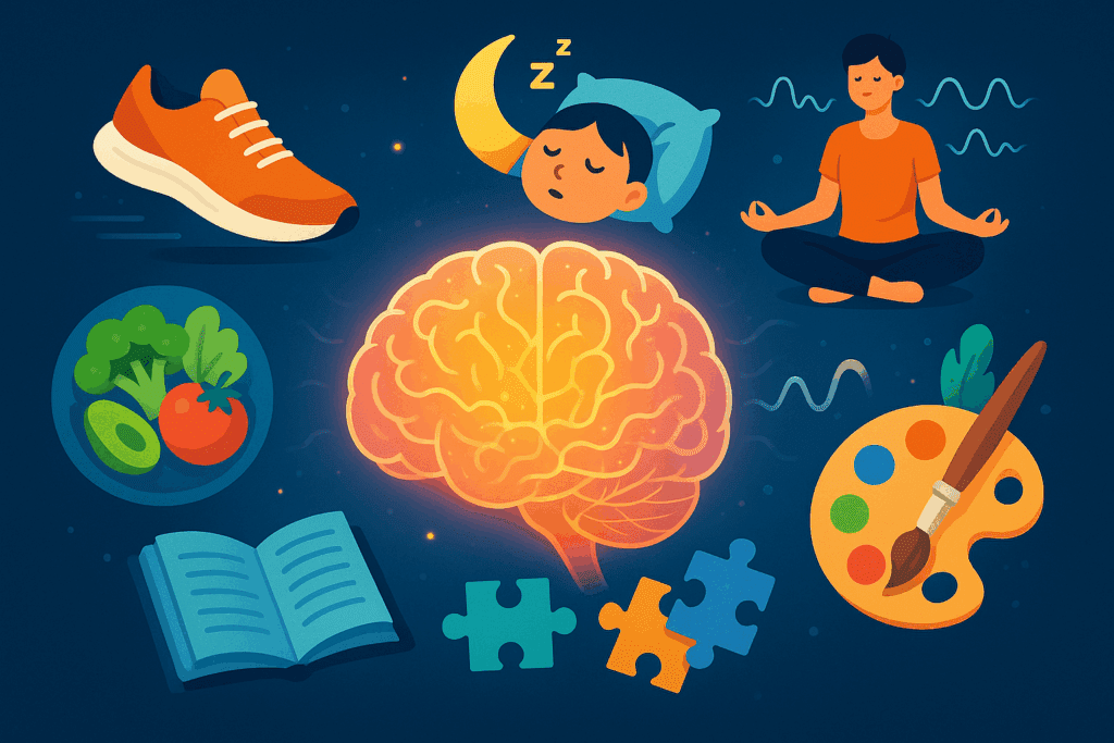Colorful infographic showing six ways to enhance neuroplasticity of the brain, with icons for exercise, sleep, meditation, diet, puzzles, and art surrounding a glowing brain