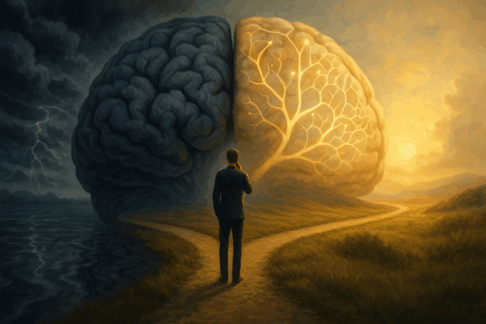 Person standing at a brain-shaped forked path symbolizing rational emotive behavior therapy, choosing clarity over chaos.