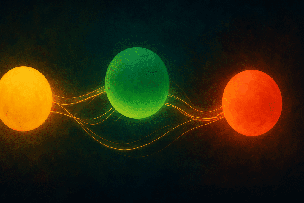 Abstract visual metaphor for rational emotive behavior therapy showing three glowing orbs connected by energy threads, symbolizing how beliefs mediate emotional consequences