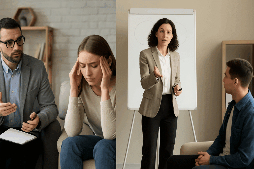 Side-by-side comparison of a general CBT session and a structured rational emotive behavior therapy session with therapists and clients in dialogue.