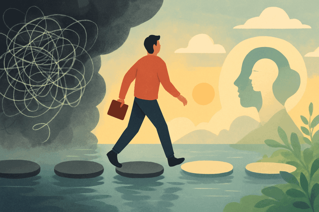 Person crossing stepping stones from chaos to clarity, symbolizing mindset shift in rational emotive behavior therapy