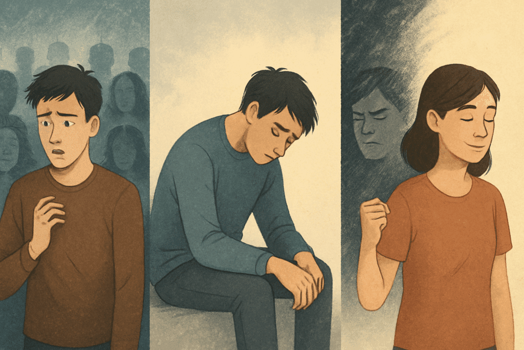 Three people transition from distress to calm—social anxiety, depression, and anger—symbolizing progress through rational emotive behavior therapy