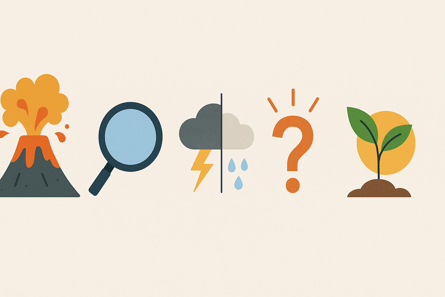 Visual diagram of the rational emotive behavior therapy ABCDE model using symbols: erupting volcano, magnifying glass, storm and sun, question mark, and sprouting plant