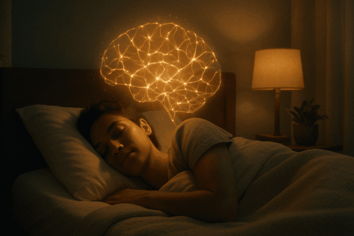 Person sleeping peacefully in a dimly lit bedroom with glowing neural network above head, visualizing how brain processes relate to the question: Can lack of sleep cause memory problems?