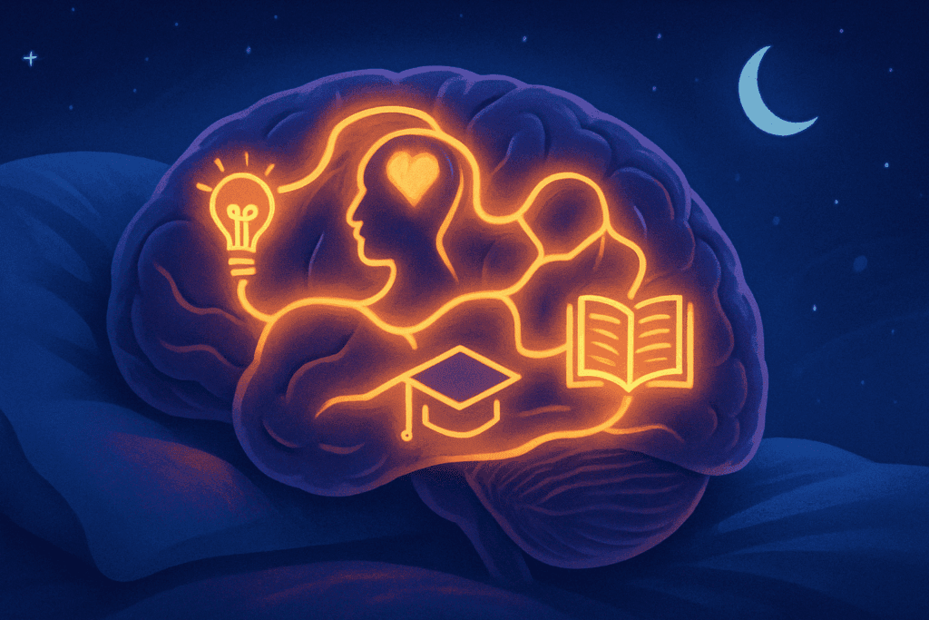 Conceptual illustration of a brain on a pillow at night showing glowing pathways to depict how sleep aids memory consolidation, answering the question: can lack of sleep cause memory problems