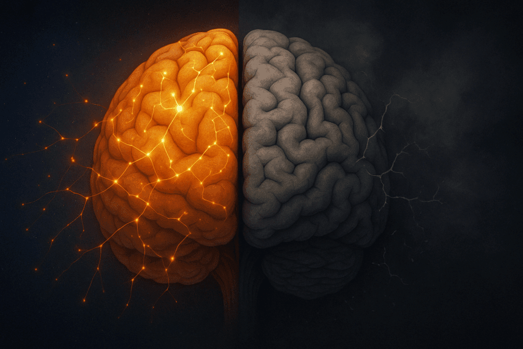 Split brain illustration showing one side vibrant and alert, the other dim and foggy, highlighting how sleep deprivation affects memory, answering: can lack of sleep cause memory problems