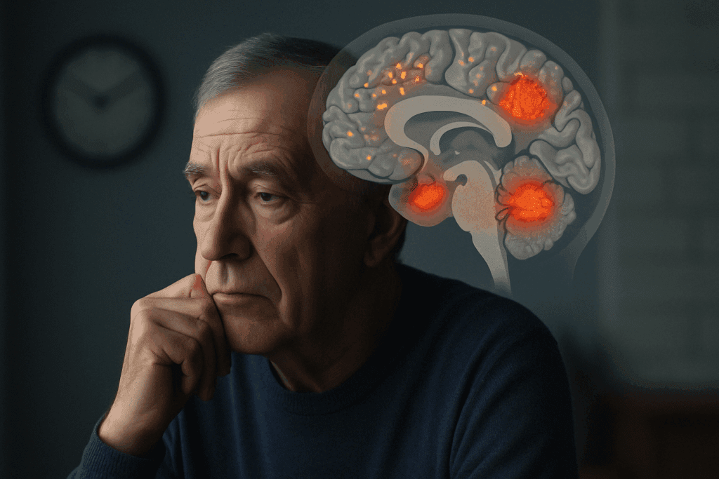 Older man looking contemplative in dim lighting, with brain overlay showing inflammation in memory regions, illustrating how can lack of sleep cause memory problems.
