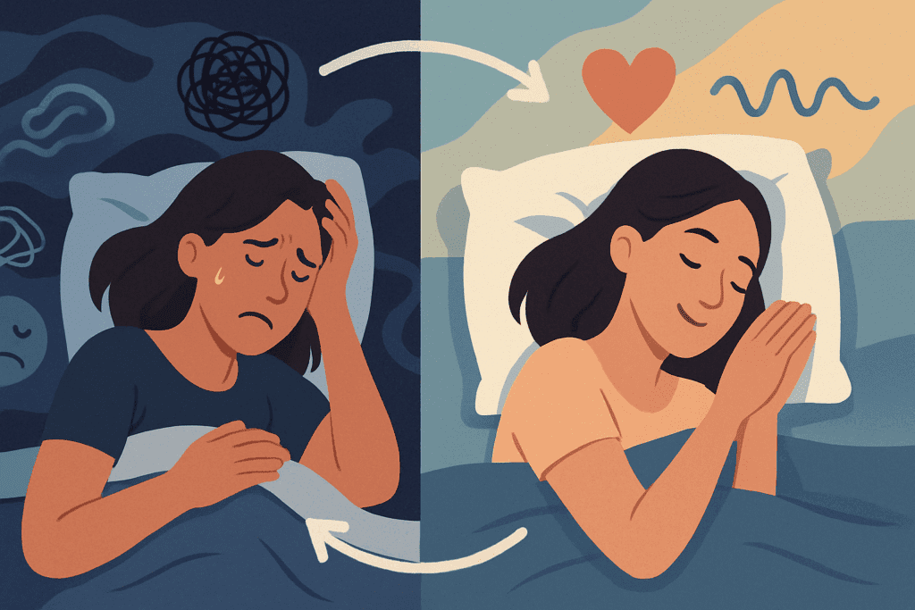 Split illustration showing how poor sleep leads to anxiety and sadness on one side, and restful sleep brings calm and balance on the other, emphasizing the cycle where can lack of sleep cause memory problems.