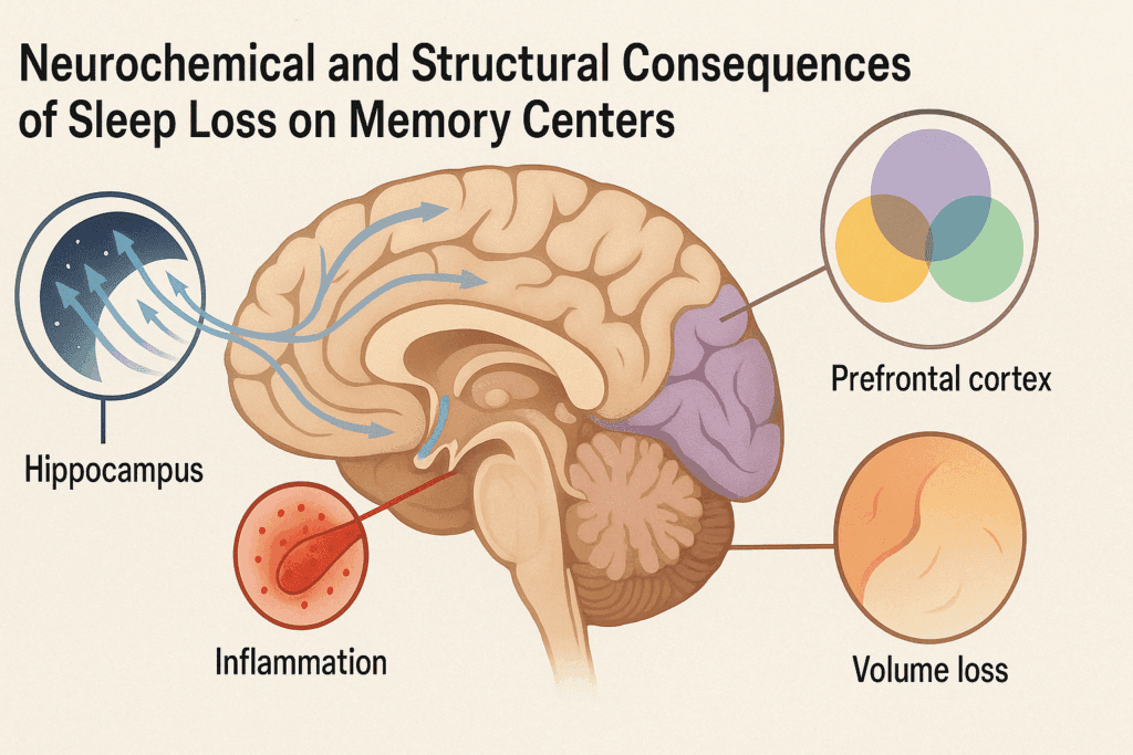 Diagram of a human brain showing how sleep deprivation affects the hippocampus, prefrontal cortex, and amygdala with overlays for inflammation, volume loss, and neurotransmitter imbalances, illustrating the answer to can lack of sleep cause memory problems.