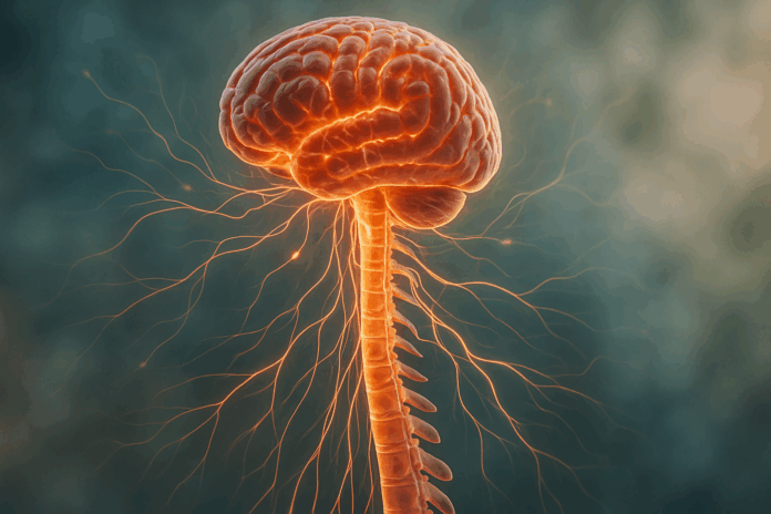 Realistic 3D illustration of the brain and spine connected by glowing neural lines, showing how spinal cord pathways work to transmit signals.