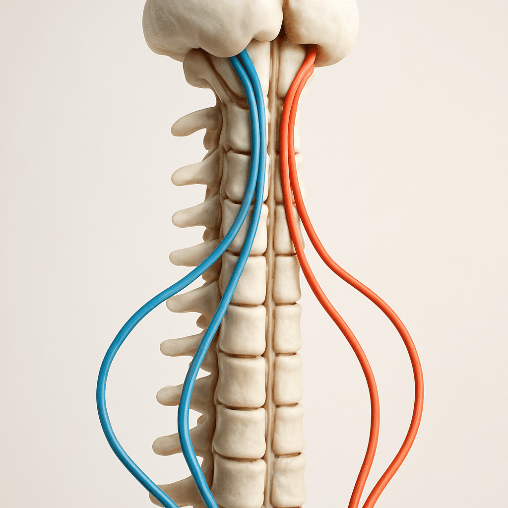 3D rendering of human spinal cord showing color-coded motor and sensory tracts, illustrating how spinal cord pathways work