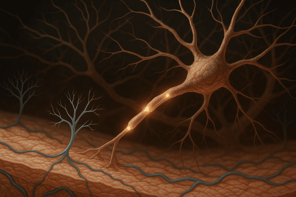 First-order neurons in the skin transmitting signals to illustrate how spinal cord pathways work"
Let me know if you’d like variations for different use cases or platforms.
