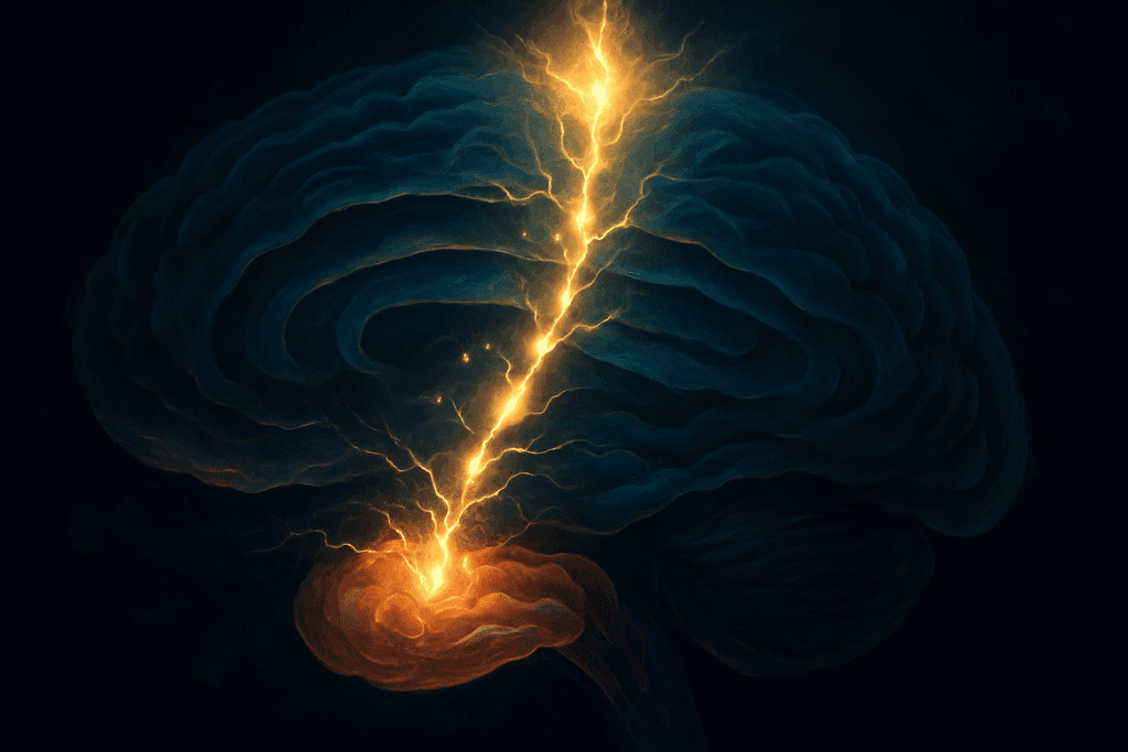 Neural impulses travel from the thalamus to the cerebral cortex in a glowing stream, illustrating how spinal cord pathways work to create conscious sensory experience.
