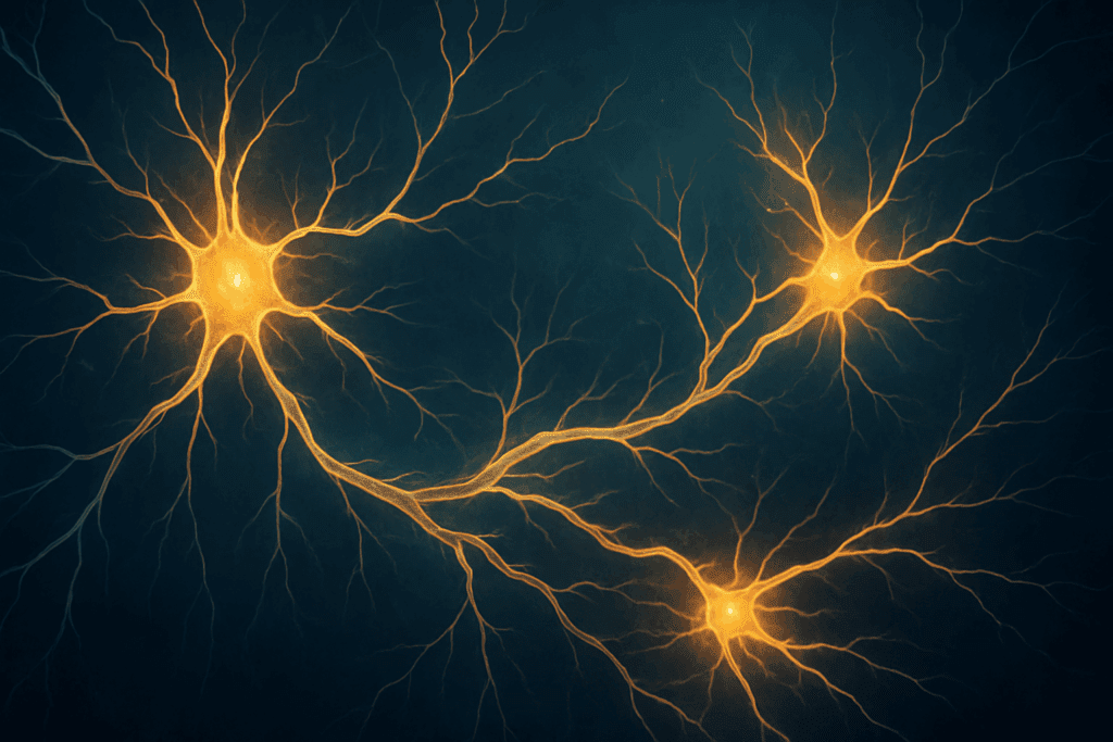 Regenerating neurons forming glowing connections in a dark spinal network, visualizing how spinal cord pathways work after injury.