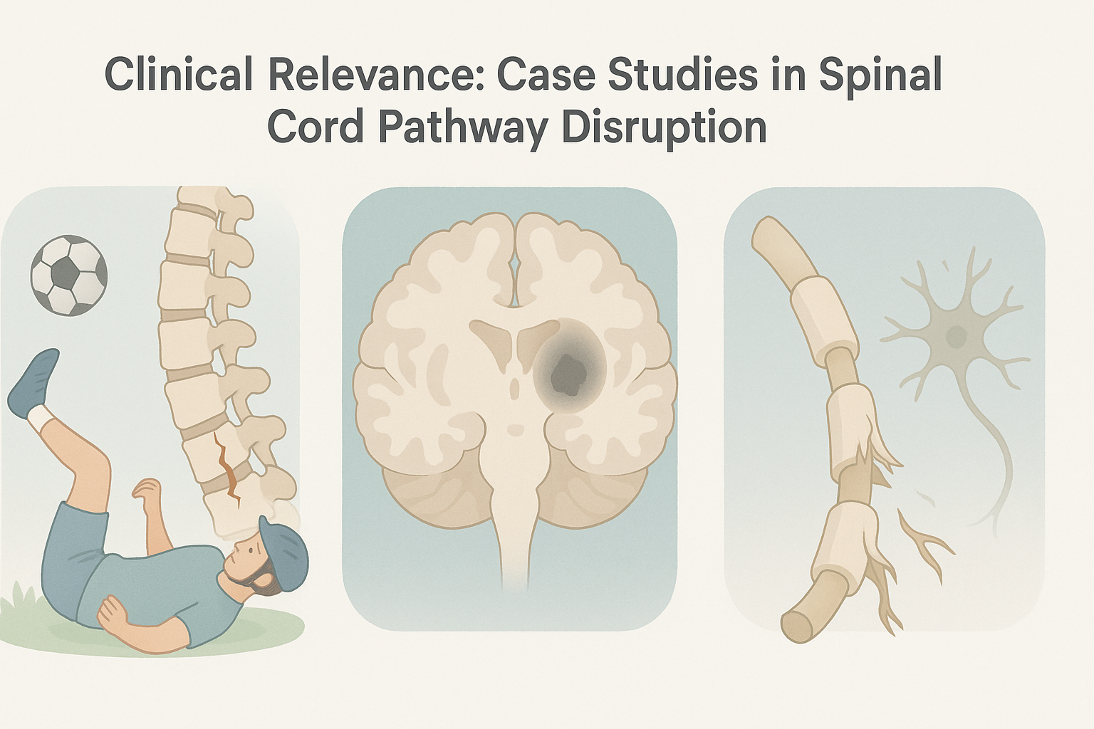 Infographic illustrating how spinal cord pathways work through scenes of injury, stroke-related thalamic damage, and multiple sclerosis