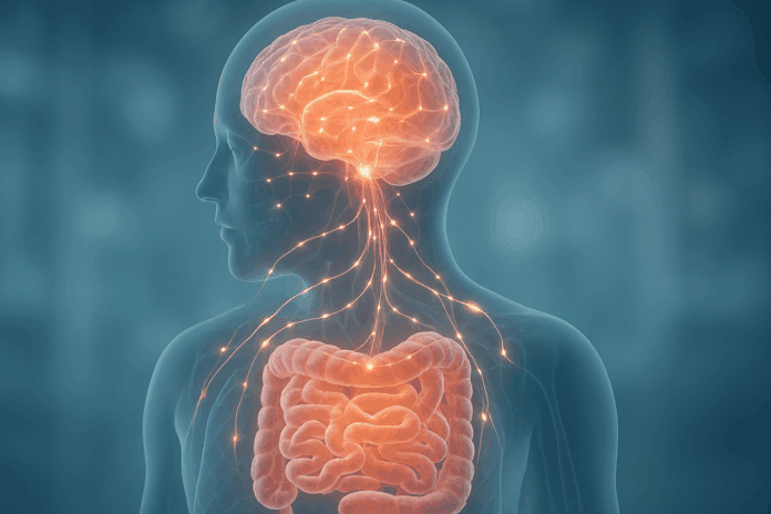 Neural pathways between the brain and gut glowing to illustrate how stress disrupts digestion through the gut-brain axis.