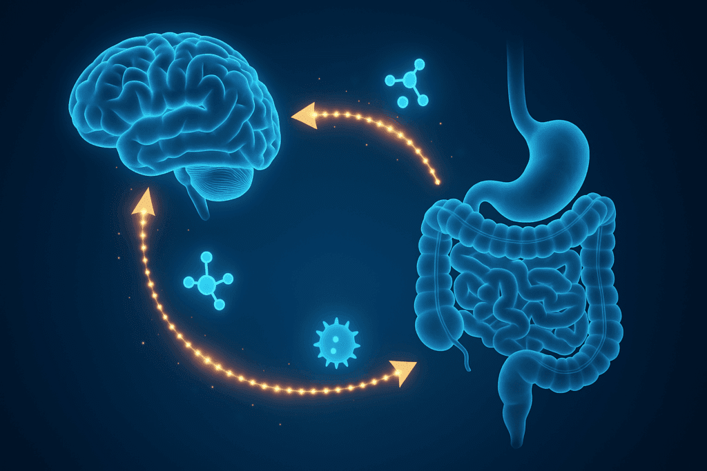Medical diagram of the gut-brain axis showing how stress disrupts digestion through neural and chemical communication between brain and intestines