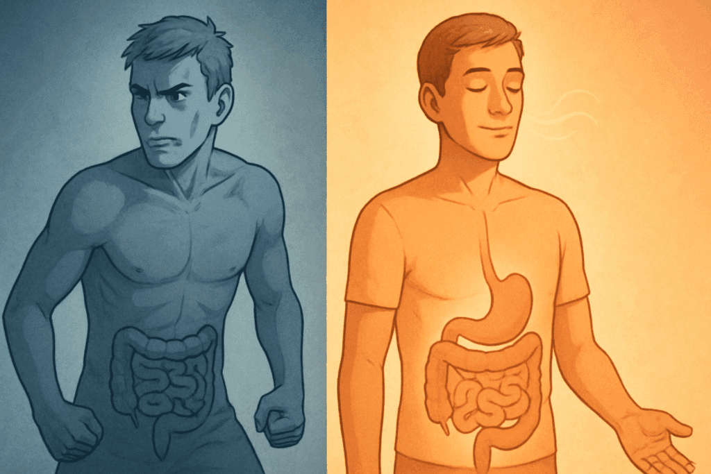 Split-scene illustration showing how stress disrupts digestion with a tense figure under stress and a relaxed figure in restful digestion mode.